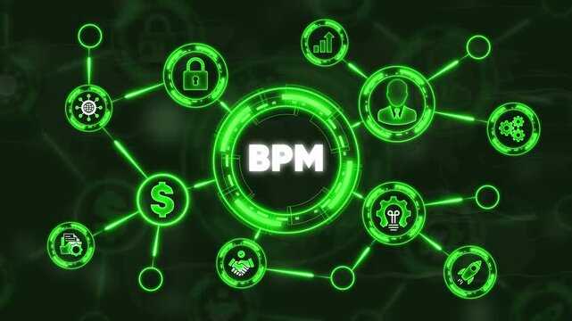 Business Process Management B P M Network Diagram with Green Neon and Symbols