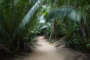 Obraz premium Lush tropical jungle pathway with dense vegetation and palm leaves