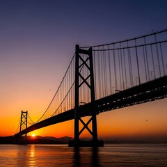 Obraz premium Silhouette of suspension bridge at sunset.