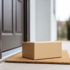Cardboard package on doormat in front of residential doorway