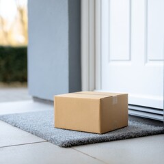 Cardboard package on doorstep for contactless home delivery service