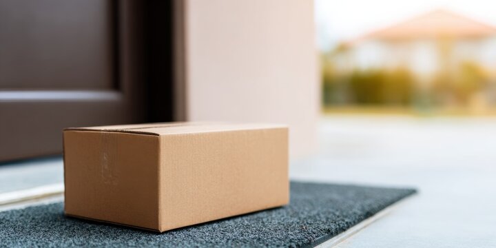 Cardboard package on welcome mat outside front door
