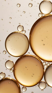Golden cosmetic oil droplets macro texture, luxury skincare serum bubbles background