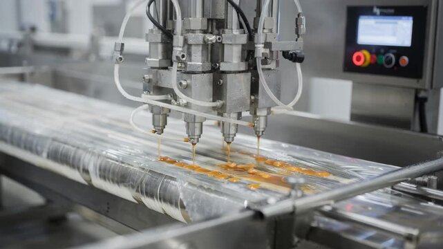 Medium shot of an inline microdosing system accurately dispensing concentrated flavor extracts directly into a production line ensuring consistent product quality.
