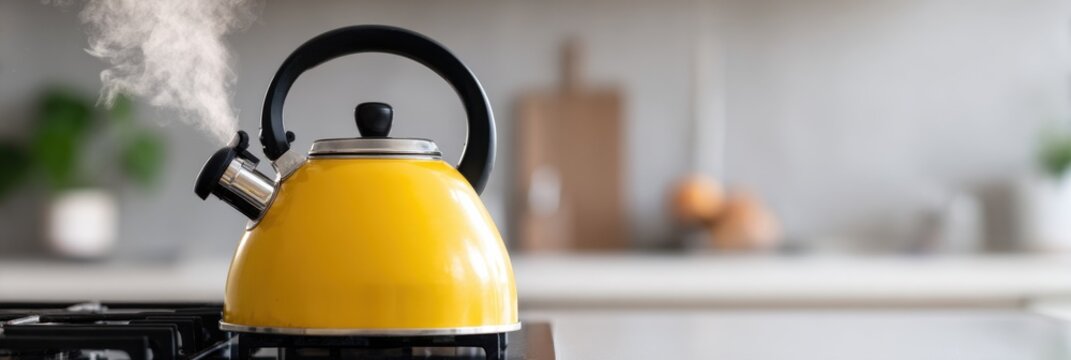 Yellow tea kettle on stovetop with steam in modern kitchen