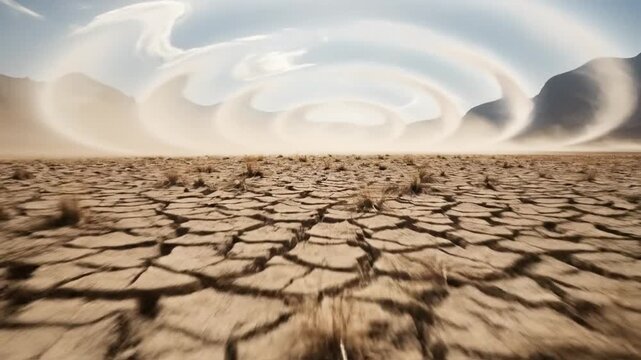 Close-up of dry cracked earth in drought-stricken desert valley with distant mountains under clear sky, illustrating arid climate and water scarcity