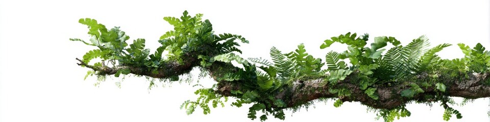Obraz premium Lush green ferns on tree branch isolated on white background