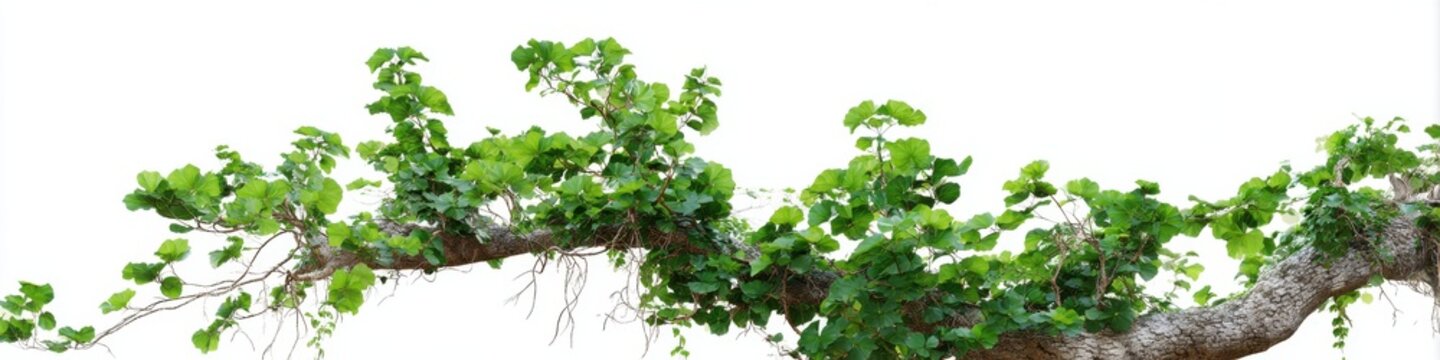 Vibrant green ivy vines on large tree branch against white background