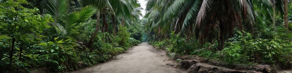 Lush tropical palm trees lining a serene forest pathway