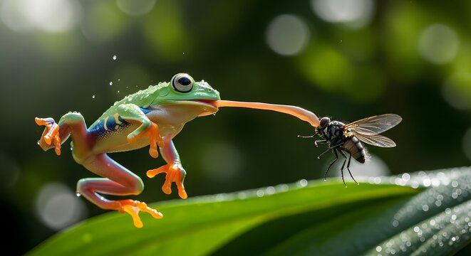Vibrant frog catches fly with long tongue in rainy forest