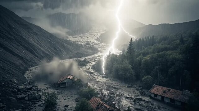 Devastating mudslide flowing through mountainous village with houses partially buried and lightning strikes during stormy weather