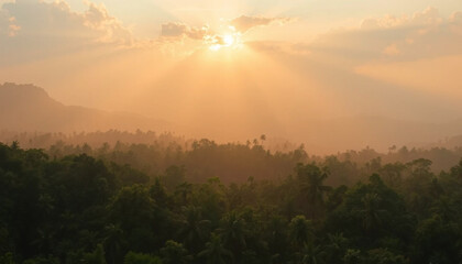Naklejka premium Tranquil golden rays over jungle valley