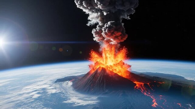 Erupting volcano with lava flow and explosive ash plume seen from space against Earth and black sky background
