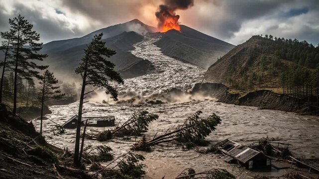 Erupting volcano spewing lava with destructive mudflow flooding forest and houses, natural disaster impact scene