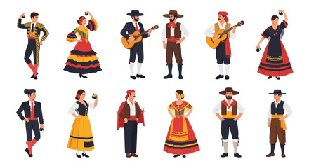 Diverse group of people in traditional attire performing various actions and playing instruments from different cultures around the world in a flat illustration style