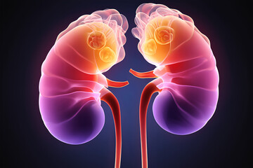 Transparent human kidneys with glowing internal structures on dark background anatomy