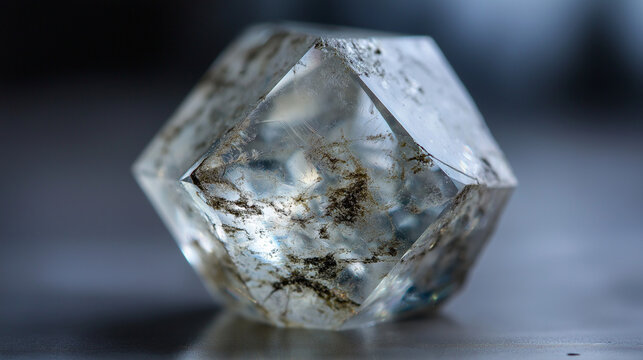 condoning. A naturally formed icosahedral crystal mineral, refracting geometric light in soft natural lighting against a clean background. STEM education sheets.