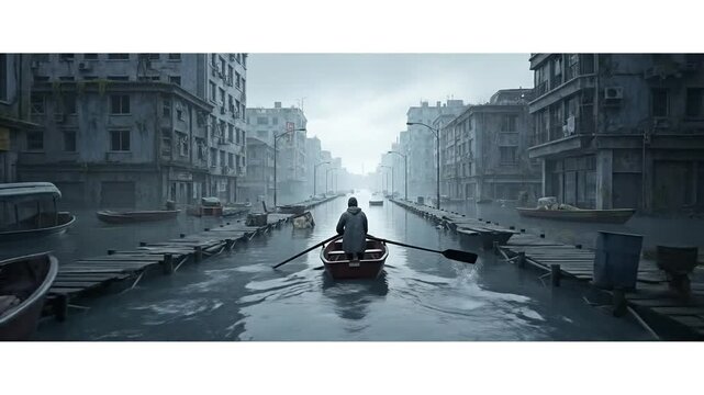 Person rowing small wooden boat through flooded empty city street with dilapidated buildings and wooden docks in gloomy overcast weather