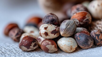Obraz premium Close-up of assorted shelled and unshelled nuts on textured cloth
