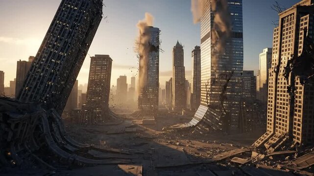 Post-apocalyptic cityscape with collapsing skyscrapers and debris during sunset, showing urban destruction and ruin