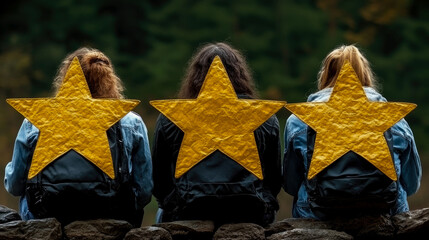 Backs to viewer, three people proudly display large textured gold stars on their jackets, representing top ratings, excellence, recognition, or collective journey towards success.