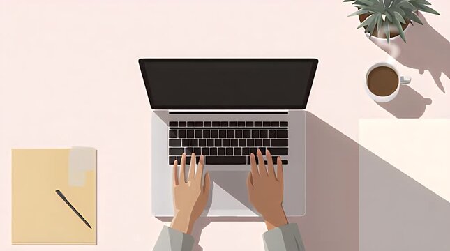 A serene flat lay image of hands using a laptop, complemented by coffee and stationery. Perfect for illustrating remote work, productivity, or digital