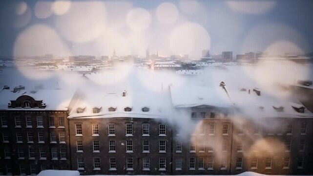 Snow-covered rooftops and buildings in a dense urban cityscape during heavy winter snowfall in low light conditions