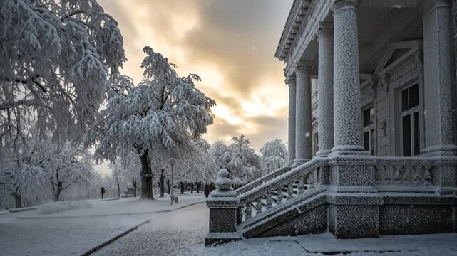 Snow-covered historic building with classical columns and frosted trees on snowy walkway during winter sunset