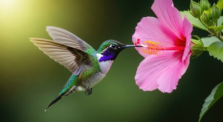 Obraz premium Hummingbird sips nectar from a vibrant pink flower in flight