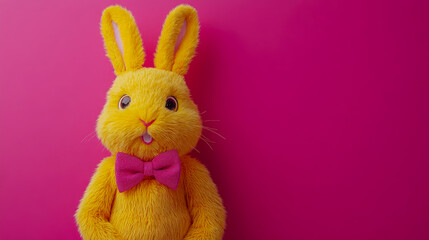 Obraz premium Vibrant yellow fluffy bunny character featuring glittery pink bow tie and wide expressive eyes, standing cheerfully on bold magenta background with copy space.