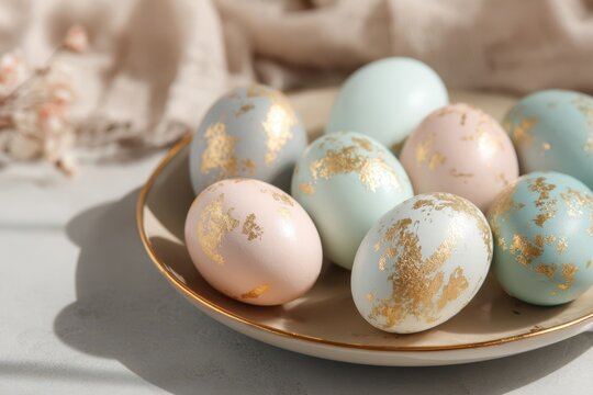 luxury easter pastel eggs with gold foil with soft natural light, premium easter eggs