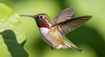 Obraz premium A hummingbird in flight with vibrant feathers and a blurred green background