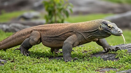 Komodo dragon walking on green grass.