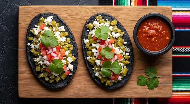 Two black corn tlayudas topped with fresh pico de gallo and cheese with salsa