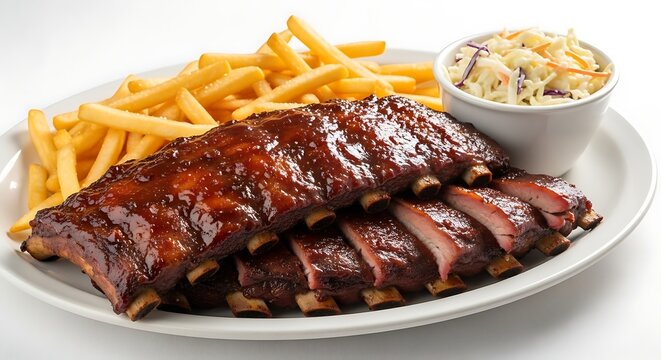 Delicious barbecue ribs served with french fries and a side of coleslaw