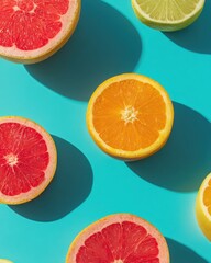 minimal flat lay sliced fruit composition with bold color background in modern graphic vibrant color food style, top view fruits abstract fashion photography