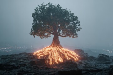 Glowing tree with digital circuit roots, sustainability futuristic technology concept
