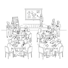 Minimalist Black Line Illustration of a Business Conference and Presentation