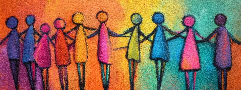 Diverse Group of Colorful Figures Holding Hands Against a Vibrant Background Representing Unity and Community