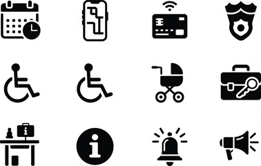 Fototapeta premium Collection of black glyph icons representing diverse public services and everyday situations
