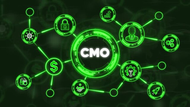 C M O Marketing Strategy Concept with Green Neon and Symbols