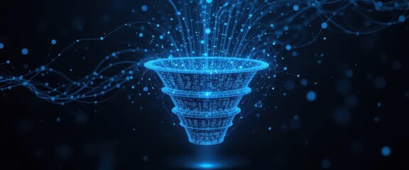 Marketing automation CRM integration concepts. A captivating digital representation of a blue funnel emitting lines of data in a dark background, symbolizing technology and information flow.