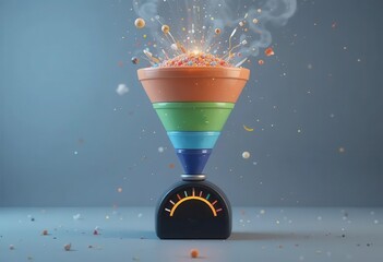 Marketing automation CRM integration concepts. A colorful funnel explodes with vibrant particles, symbolizing creativity and innovation in a dynamic, abstract visual setting.