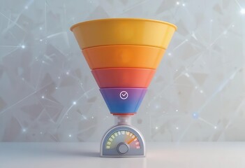 Marketing automation CRM integration concepts. A colorful funnel with gradient layers and a gauge at the base, set against a softly lit background, symbolizing measurement and organization.