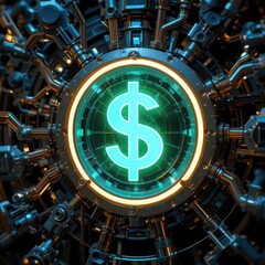Marketing automation CRM integration concepts. A futuristic design featuring a glowing dollar sign surrounded by intricate mechanical components.