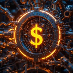 Marketing automation CRM integration concepts. A futuristic representation of a dollar sign, surrounded by intricate mechanical elements, glowing orange against a dark, complex background.