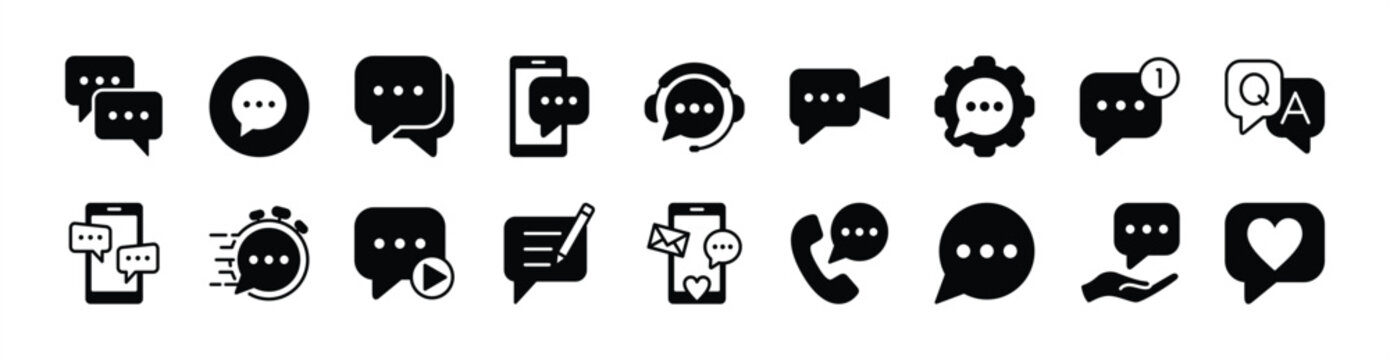 Chat icon vector set. Contains Speech bubble, message, inbox, comment, dialogue, talk, sound recording, contact, favorite, write, fast response, settings, conversation for social media - illustration