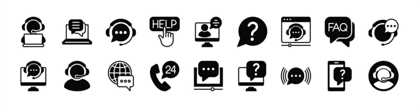 Online service and support icon vector set. Communication technology social media. Contains assistant, help, 24 hours call center, FAQ, question, help desk, live chat, technical assistance