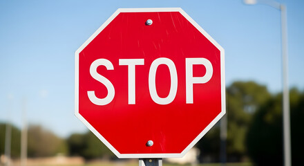 Obraz premium Red stop sign with the word STOP in white letters, indicating a traffic regulation