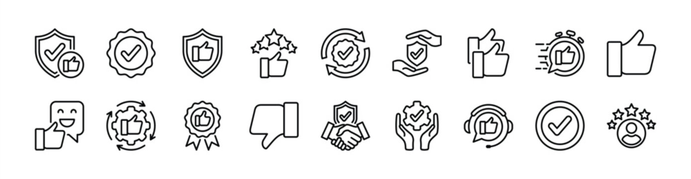 Reliability thin line icon set. Contains best practices, shield security, quality badge, trust brand, thumb up, five stars, satisfaction, checkmark, verified, authenticity, consistency. Vector